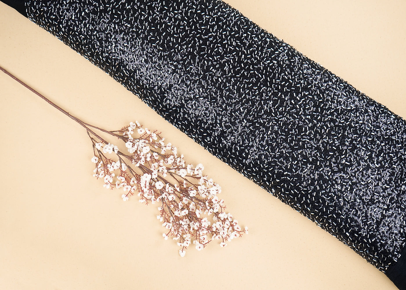 Black Net Fabric With All Over Sequins And Faux Katdana Work 19940