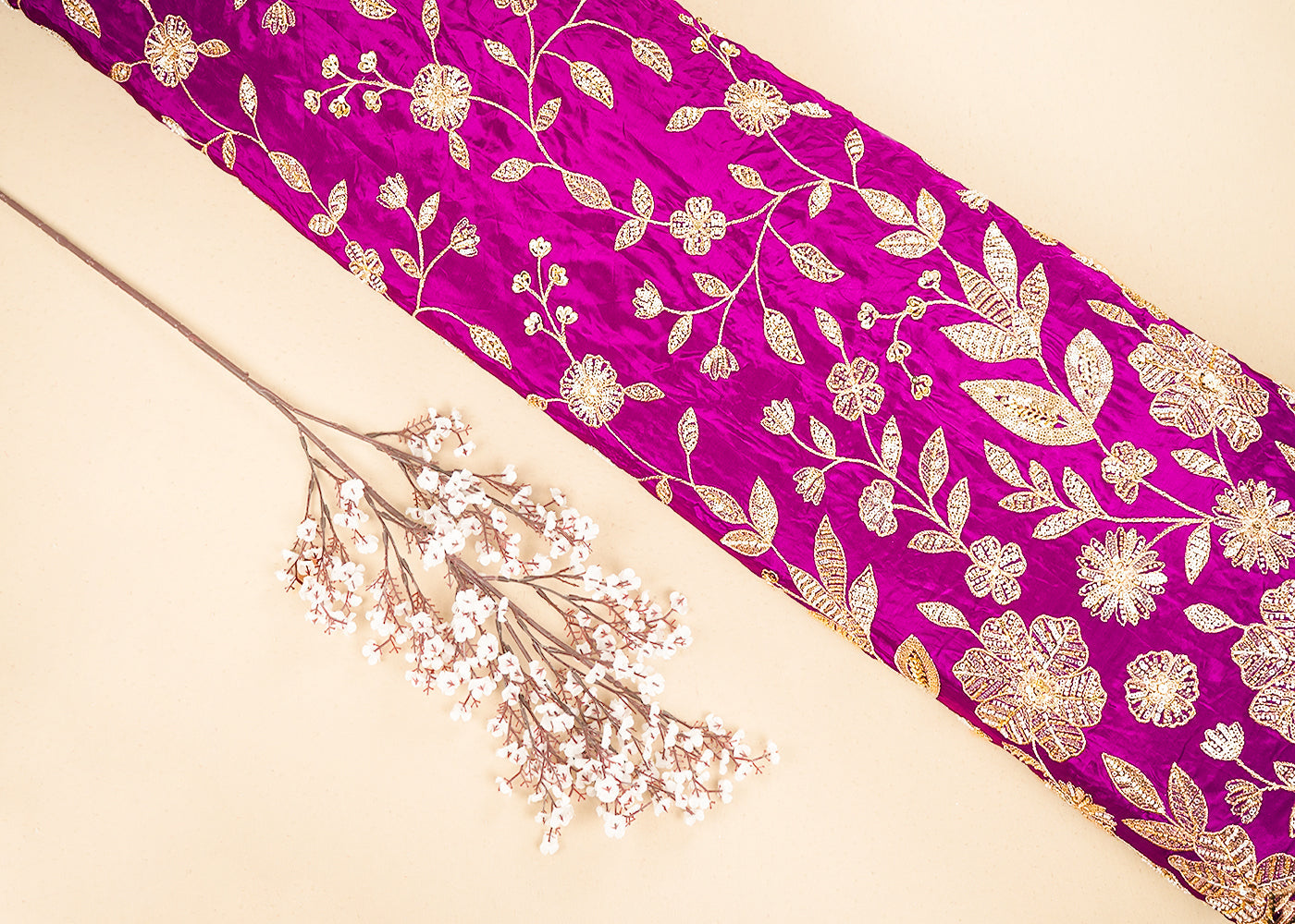 Purple Crepe Fabric With All Over Sequins, Bead And Zari With One Side Scalloped Border 19945