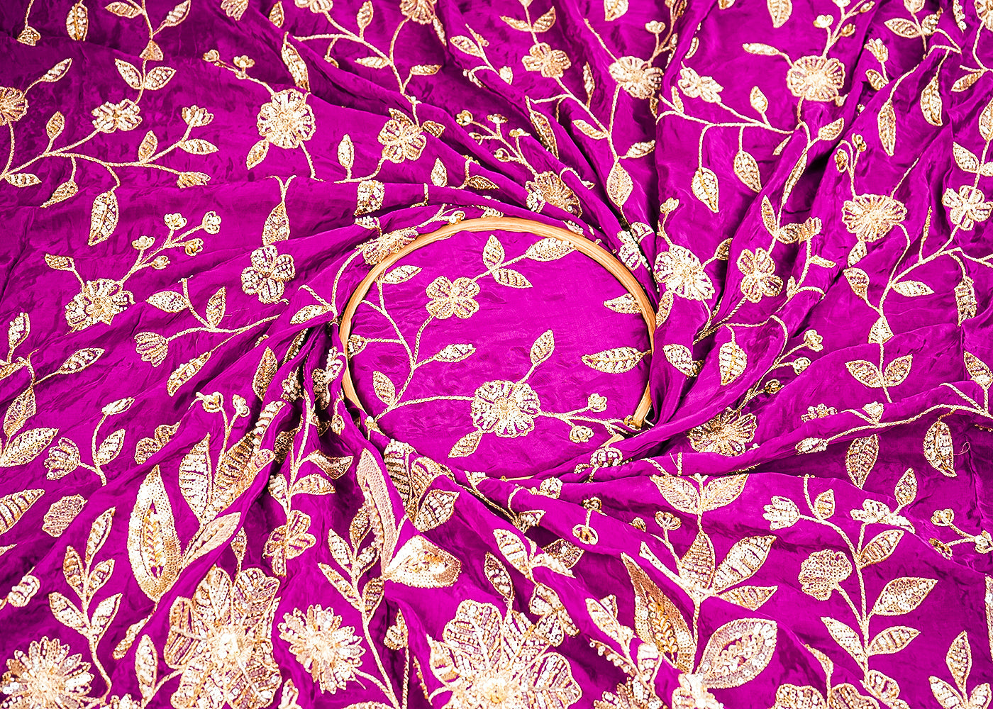 Purple Crepe Fabric With All Over Sequins, Bead And Zari With One Side Scalloped Border 19945