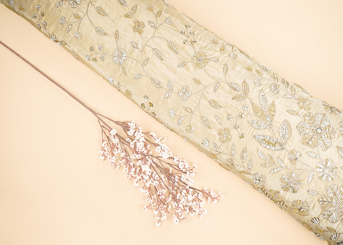 Cream Crepe Fabric With All Over Sequins, Bead And Zari With One Side Scalloped Border 19946