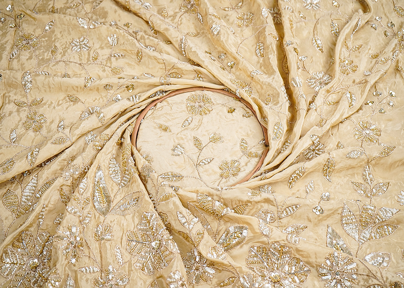 Cream Crepe Fabric With All Over Sequins, Bead And Zari With One Side Scalloped Border 19946