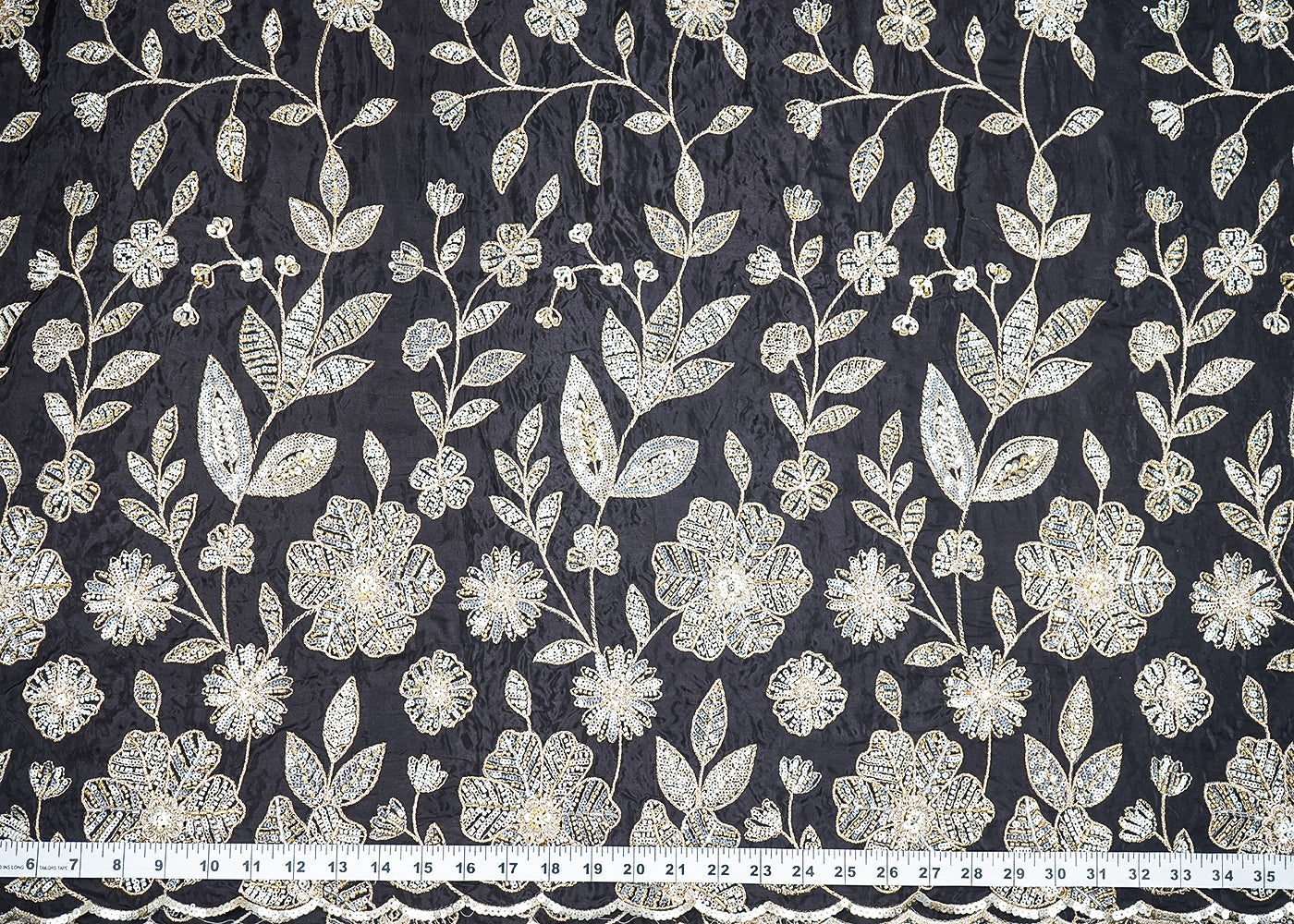 Black Crepe Fabric With All Over Sequins, Bead And Zari With One Side Scalloped Border 19947