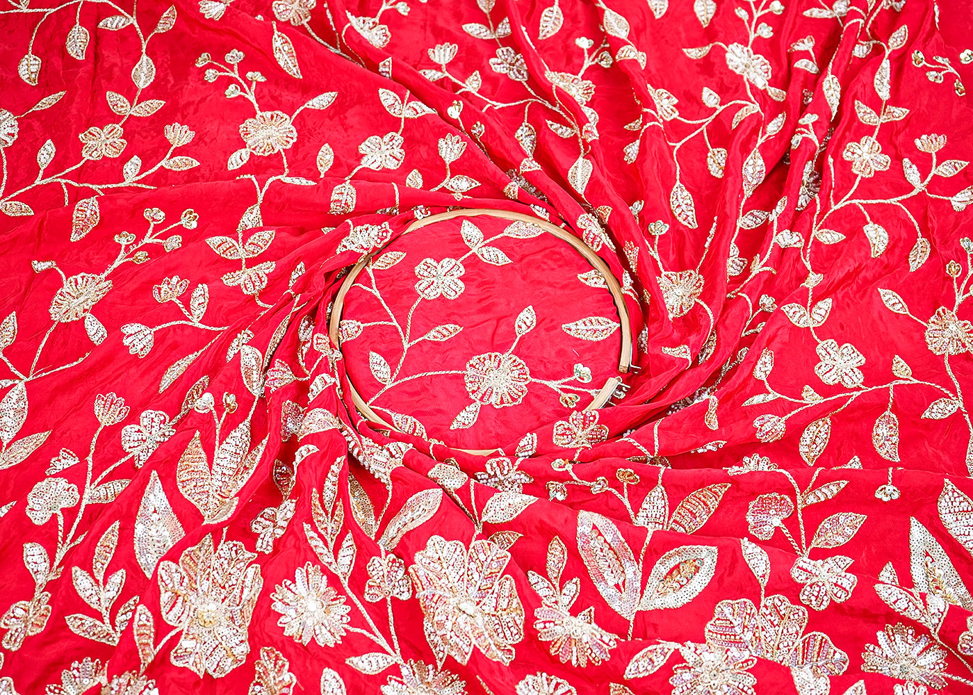 Red Crepe Fabric With All Over Sequins, Bead And Zari With One Side Scalloped Border 19948