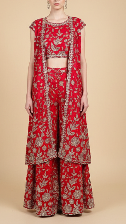 Red Crepe Fabric With All Over Sequins, Bead And Zari With One Side Scalloped Border 19948