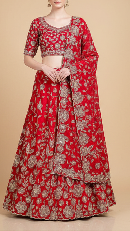 Red Crepe Fabric With All Over Sequins, Bead And Zari With One Side Scalloped Border 19948