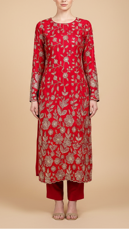 Red Crepe Fabric With All Over Sequins, Bead And Zari With One Side Scalloped Border 19948