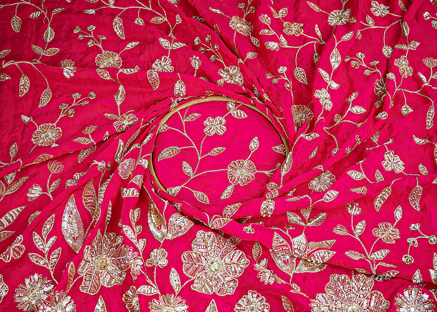 Rani Pink Crepe Fabric With All Over Sequins, Bead And Zari With One Side Scalloped Border 19949