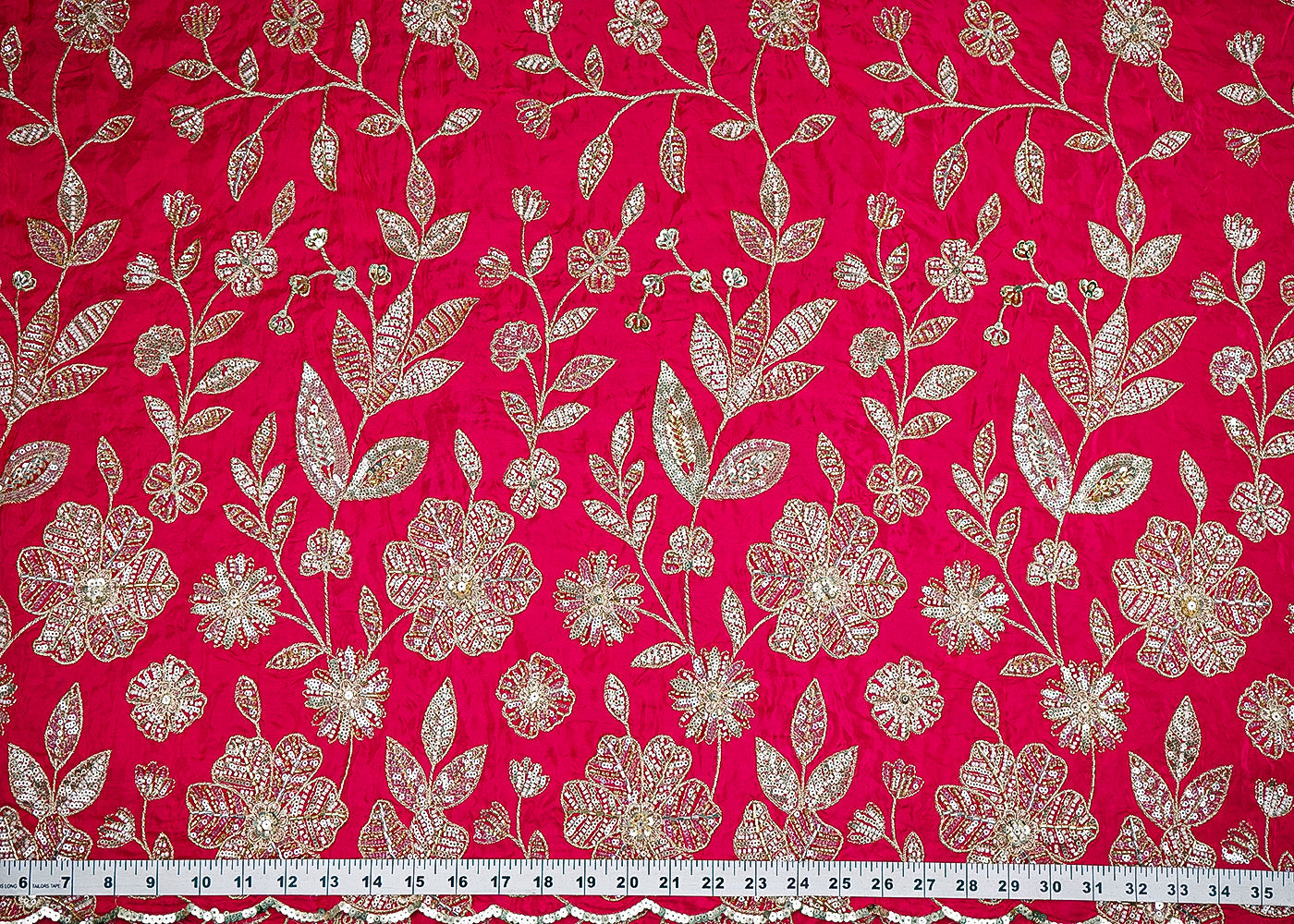 Rani Pink Crepe Fabric With All Over Sequins, Bead And Zari With One Side Scalloped Border 19949