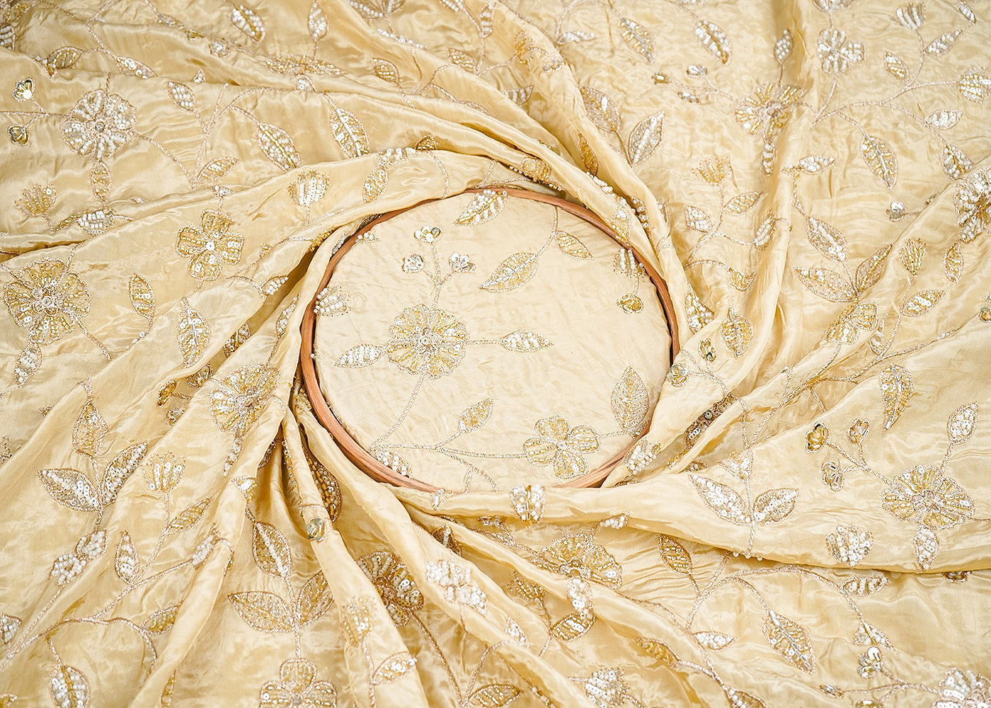 Cream Crepe Fabric With All Over Sequins, Bead And Zari  19951