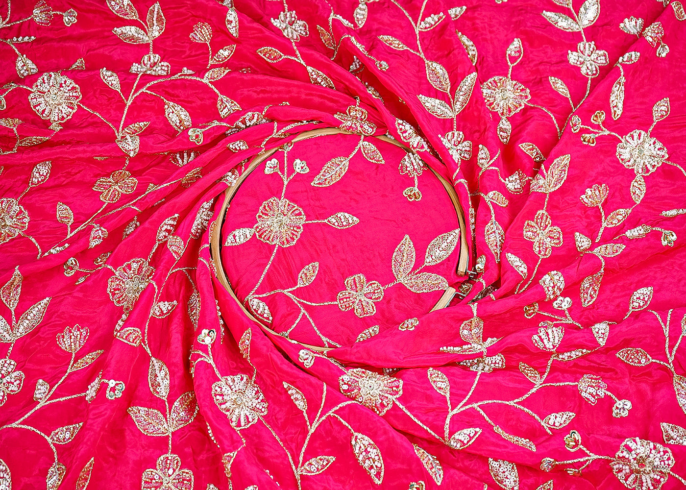 Rani Pink Crepe Fabric With All Over Sequins, Bead And Zari  19954
