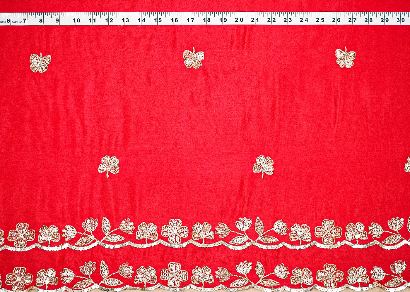 Red Chinon Chiffon Fabric With All Over Sequins, Bead And Zari With Two Side Border 19955
