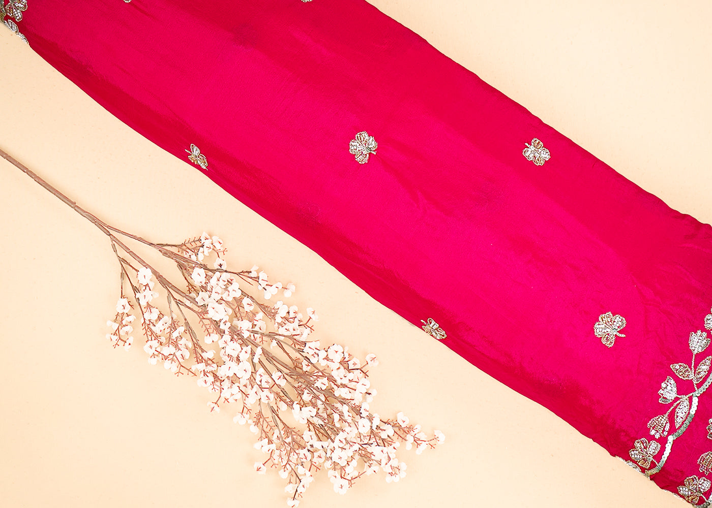 Rani Pink Chinon Chiffon Dupatta Fabric With All Over Sequins, Bead And Zari With Two Side Border 19956