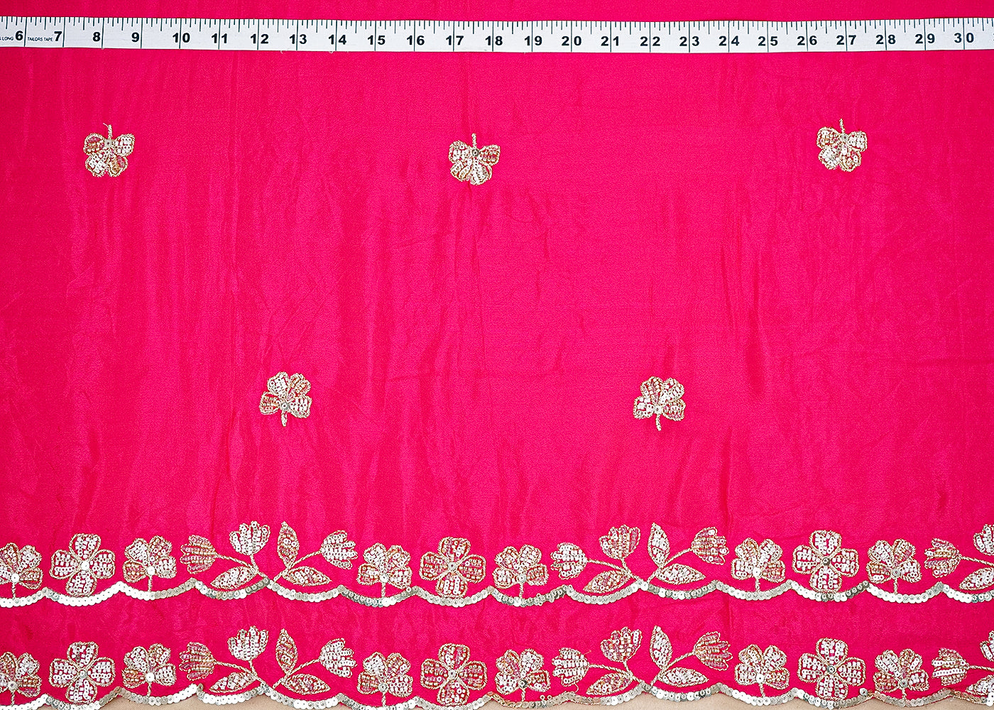 Rani Pink Chinon Chiffon Dupatta Fabric With All Over Sequins, Bead And Zari With Two Side Border 19956