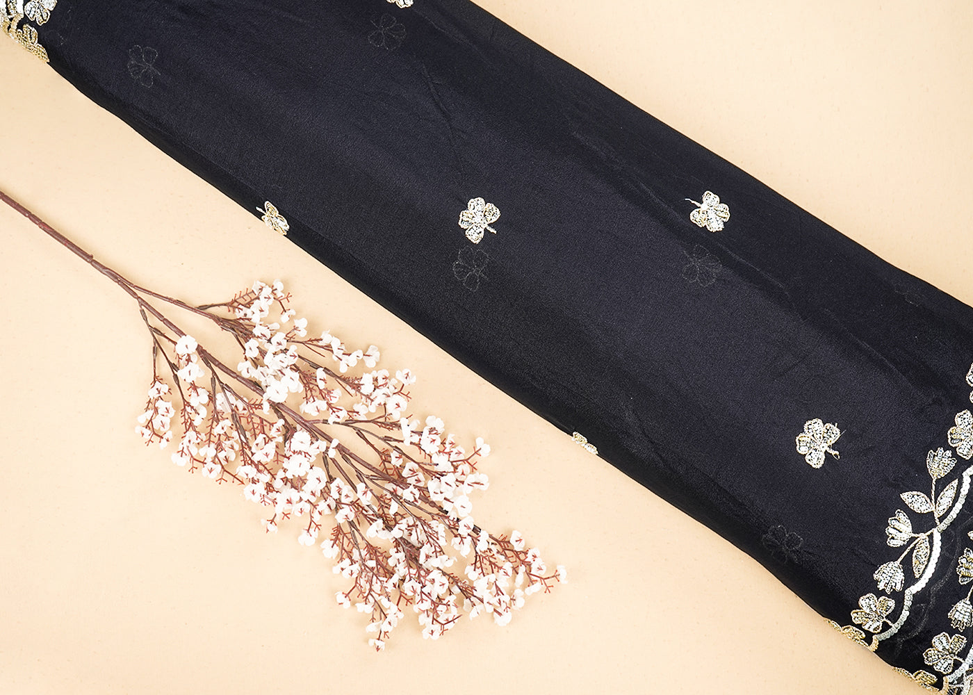 Black Chinon Chiffon Dupatta Fabric With All Over Sequins, Bead And Zari With Two Side Border 19957