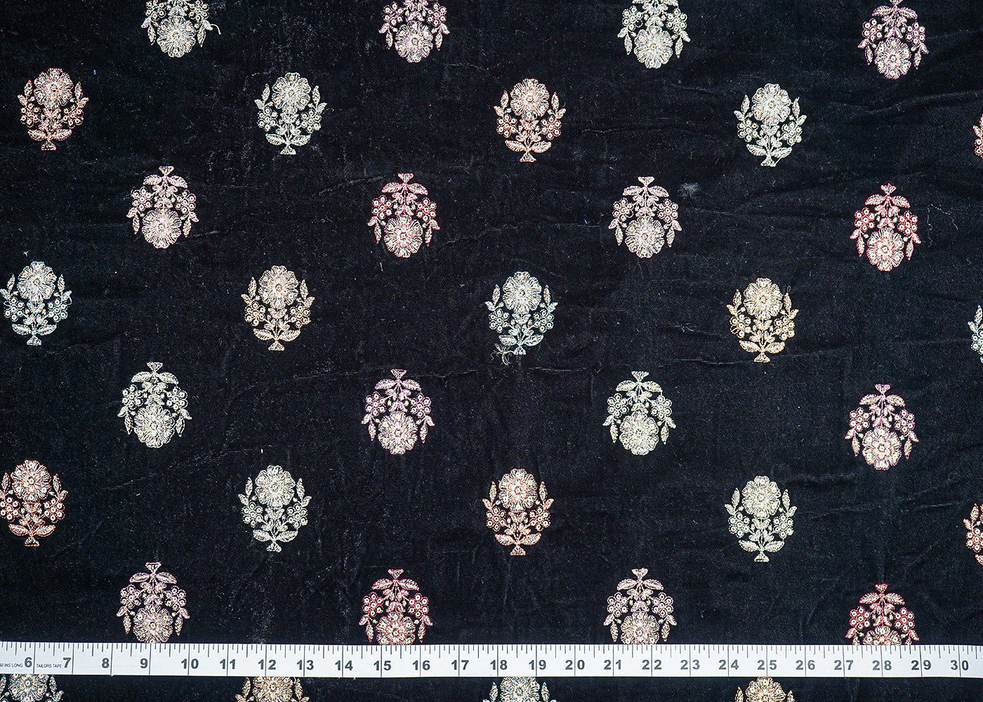 Black Velvet Fabric With All Over Buti Of Sequins And Zari Work 19960