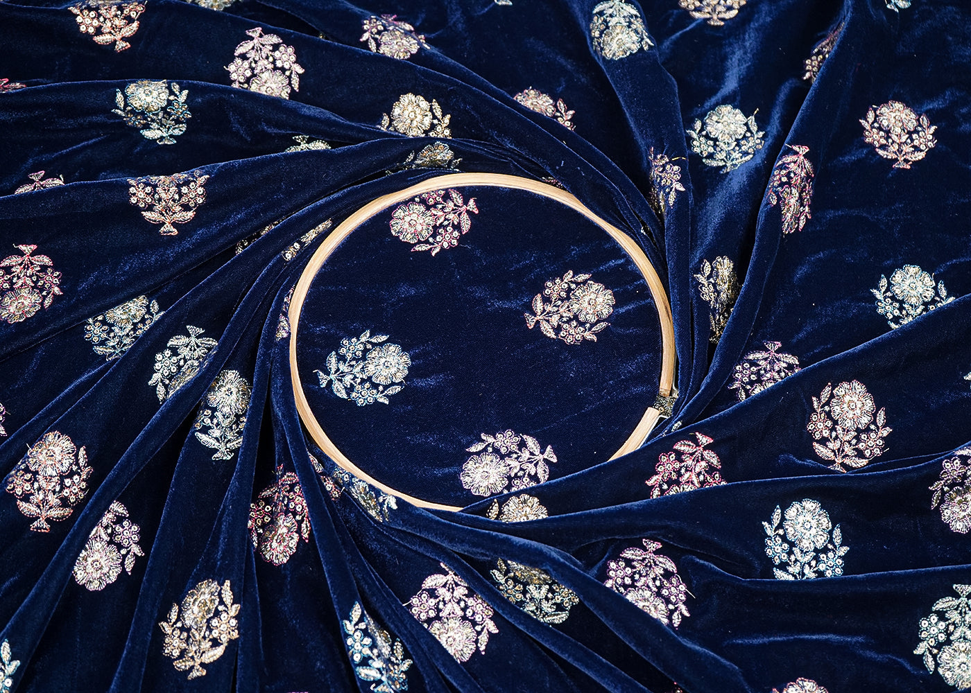 Navy Blue Velvet Fabric With All Over Buti Of Sequins And Zari Work  19961