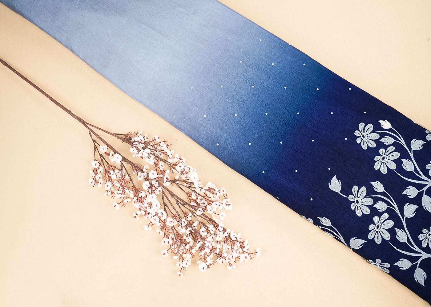 Navy Blue Dola Silk Fabric With All Over Ombre Shade And Floral Print With Bead And Sequins Work 19964