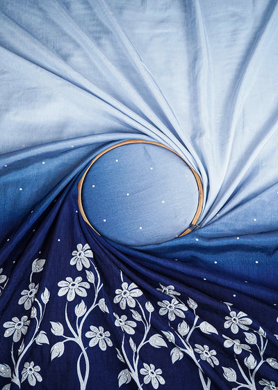 Navy Blue Silk Fabric With All Over Ombre Shade And Floral Print With Bead And Sequins Work 19964