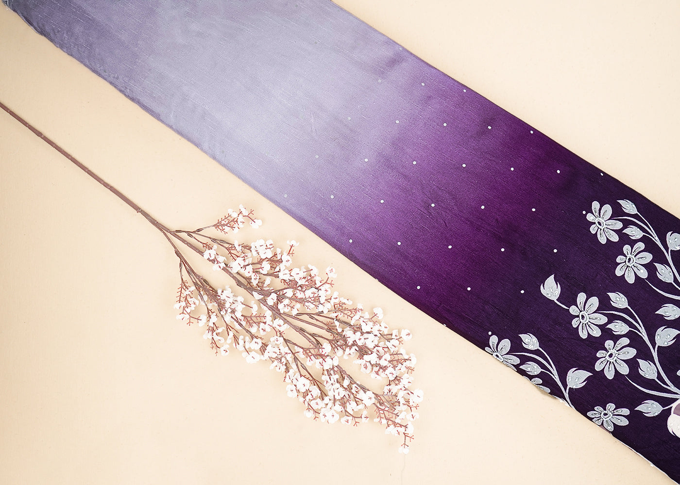 Dark Purple Dola Silk Fabric With All Over Ombre Shade And Floral Print With Bead And Sequins Work 19965