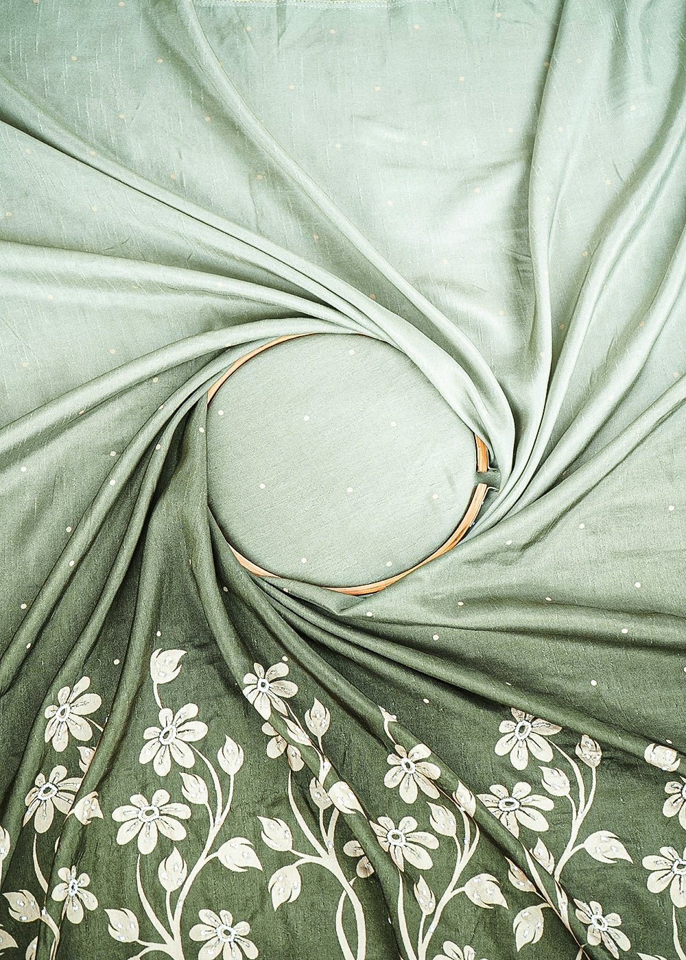 Olive Green Dola Silk Fabric With All Over Ombre Shade And Floral Print With Bead And Sequins Work 19967