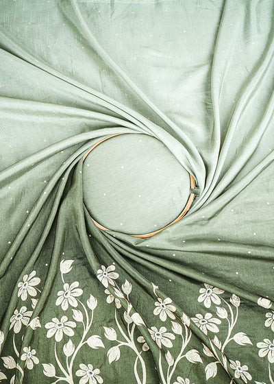 Olive Green Silk Fabric With All Over Ombre Shade And Floral Print With Bead And Sequins Work 19967