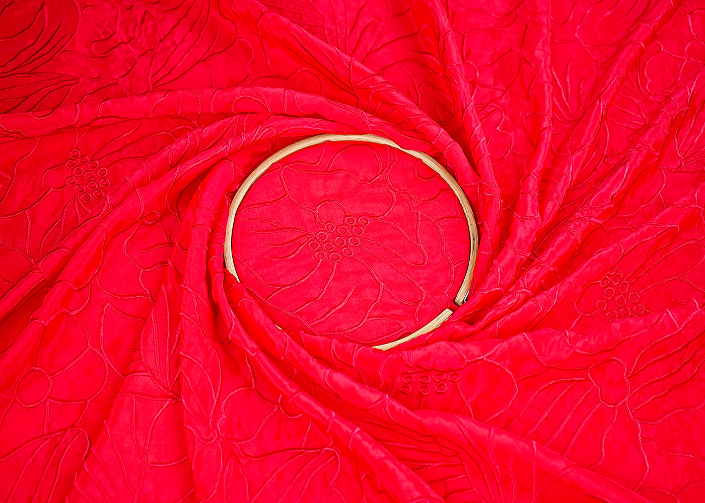 Red Organza Fabric with Allover Thread Work 19771