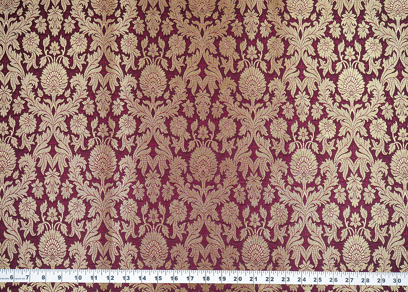 Maroon Banarasi Brocade Fabric With All Over Golden Zari Handloom 19972
