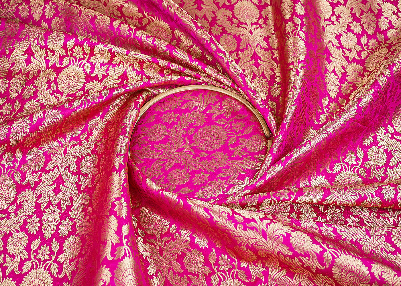 Rani Pink Banarasi Brocade Fabric With All Over Golden Zari Handloom 19973