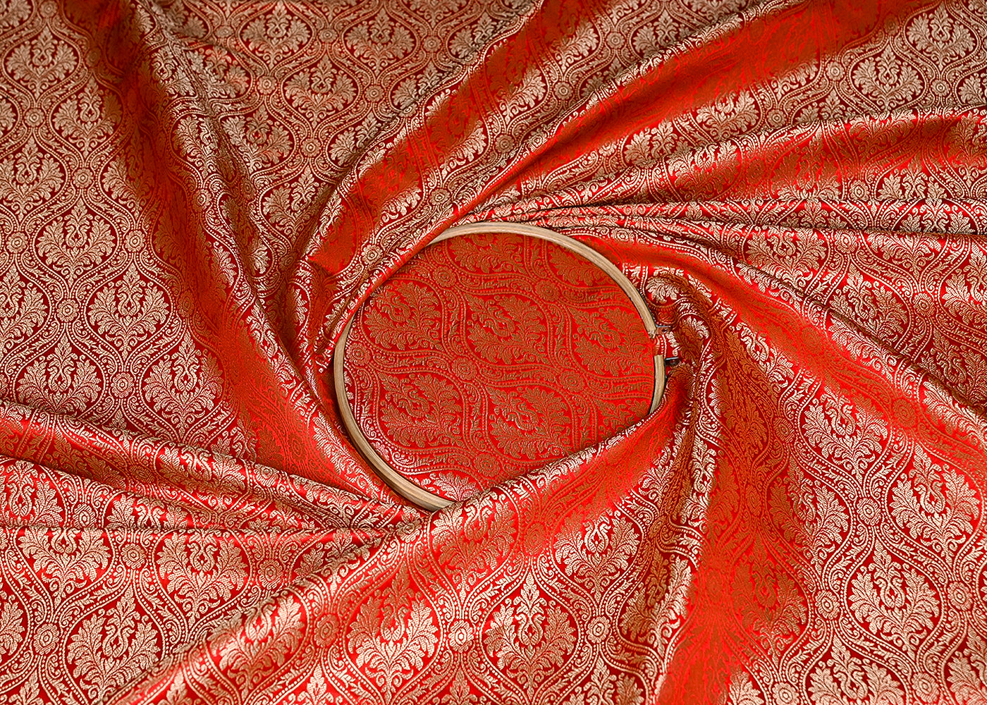 Dark Red Banarasi Brocade Fabric With Zari Handloom 19974