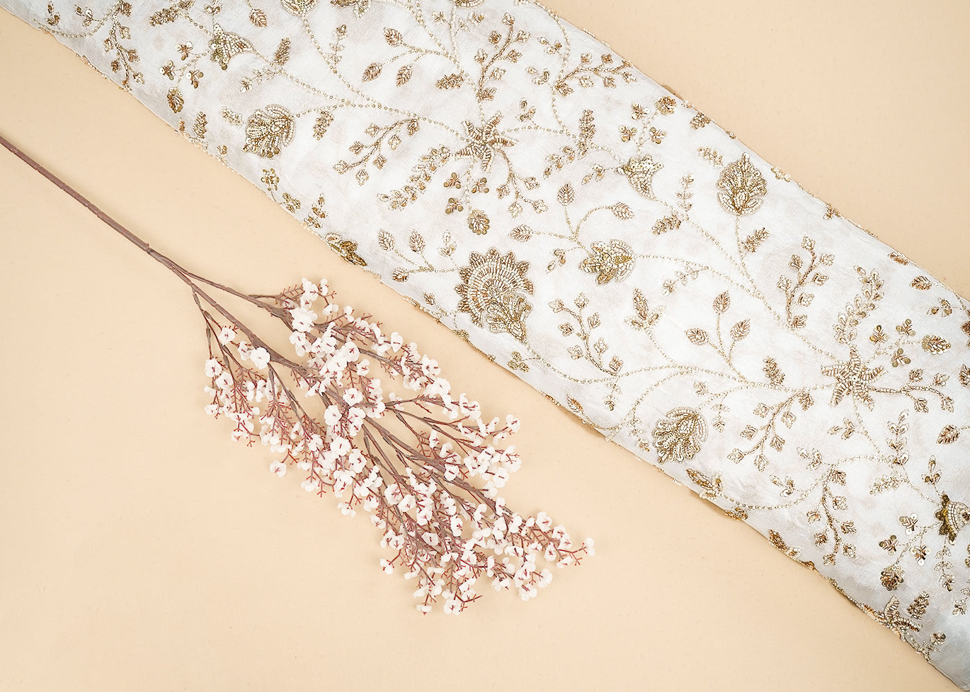 White Chinon Chiffon Fabric With All Over Katdana, Sequins And Bead Work 19980