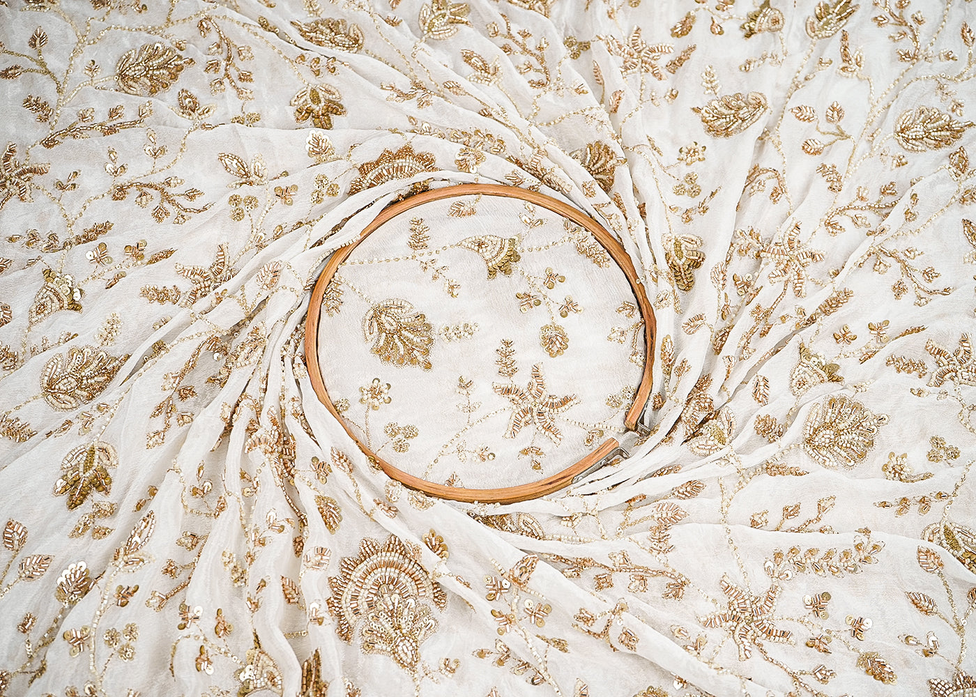 White Chinon Chiffon Fabric With All Over Katdana, Sequins And Bead Work 19980