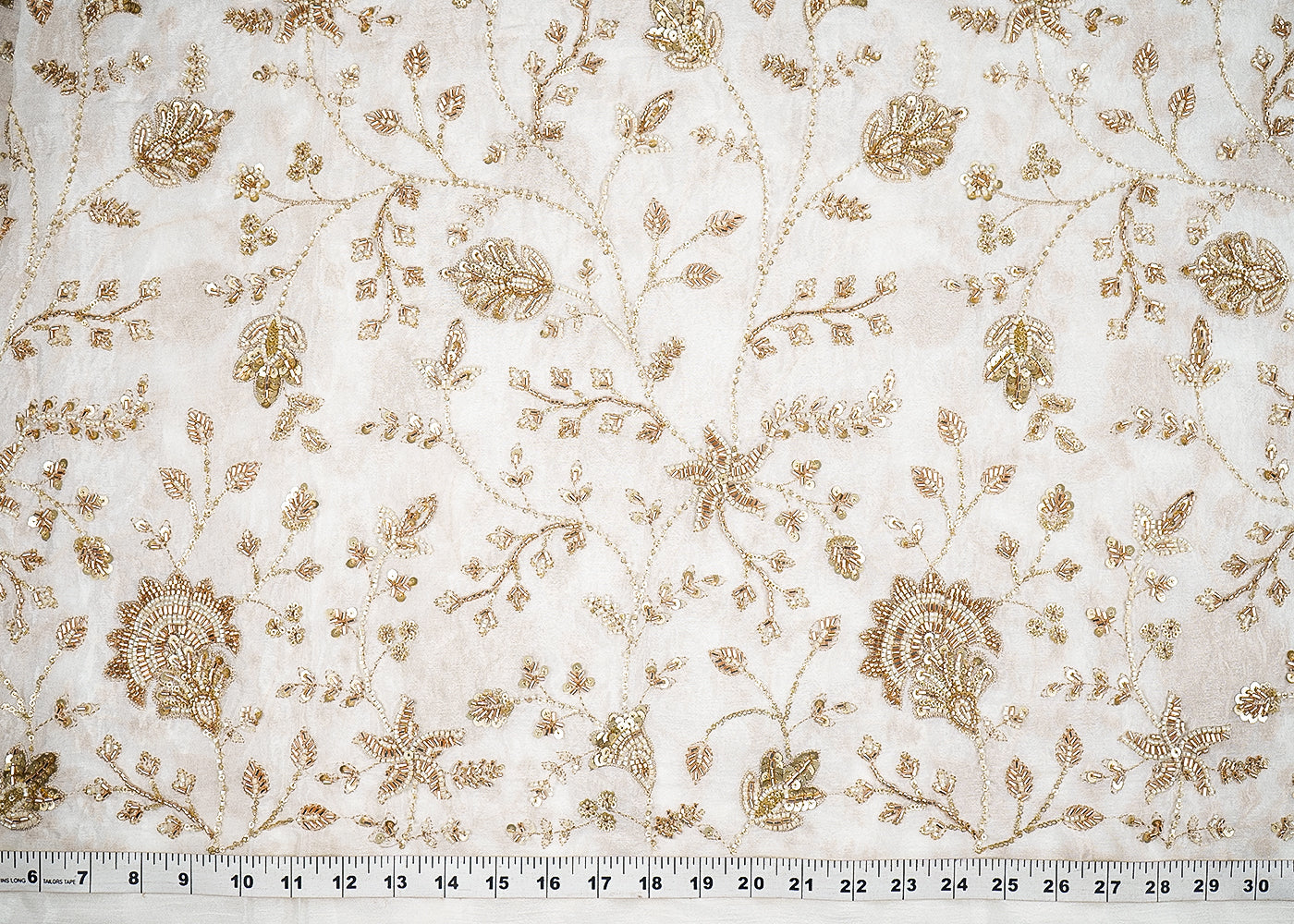 White Chinon Chiffon Fabric With All Over Katdana, Sequins And Bead Work 19980