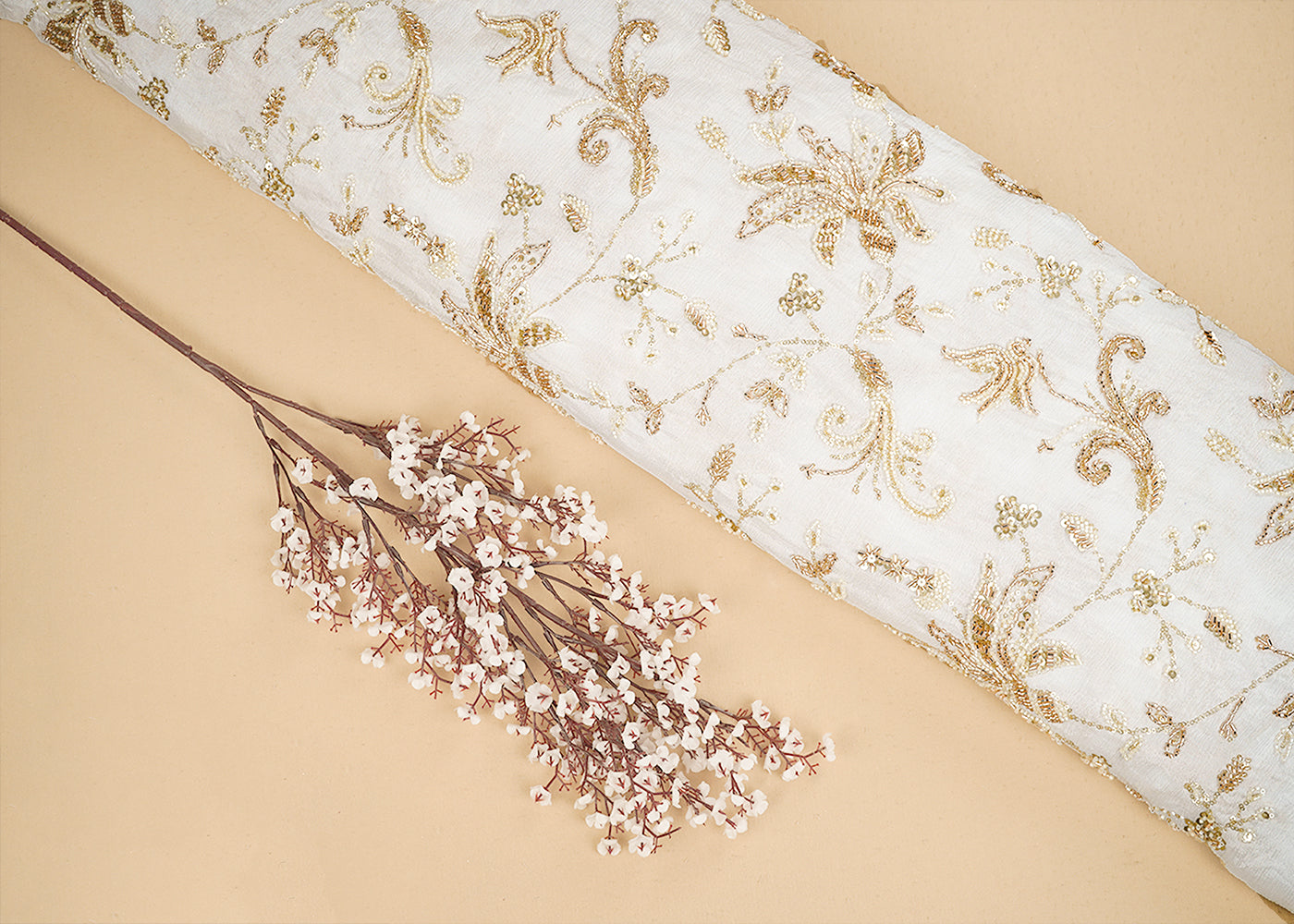 White Chinon Chiffon Fabric With All Over Katdana, Sequins And Bead Work 19981