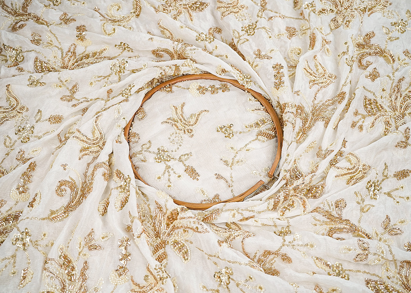 White Chinon Chiffon Fabric With All Over Katdana, Sequins And Bead Work 19981