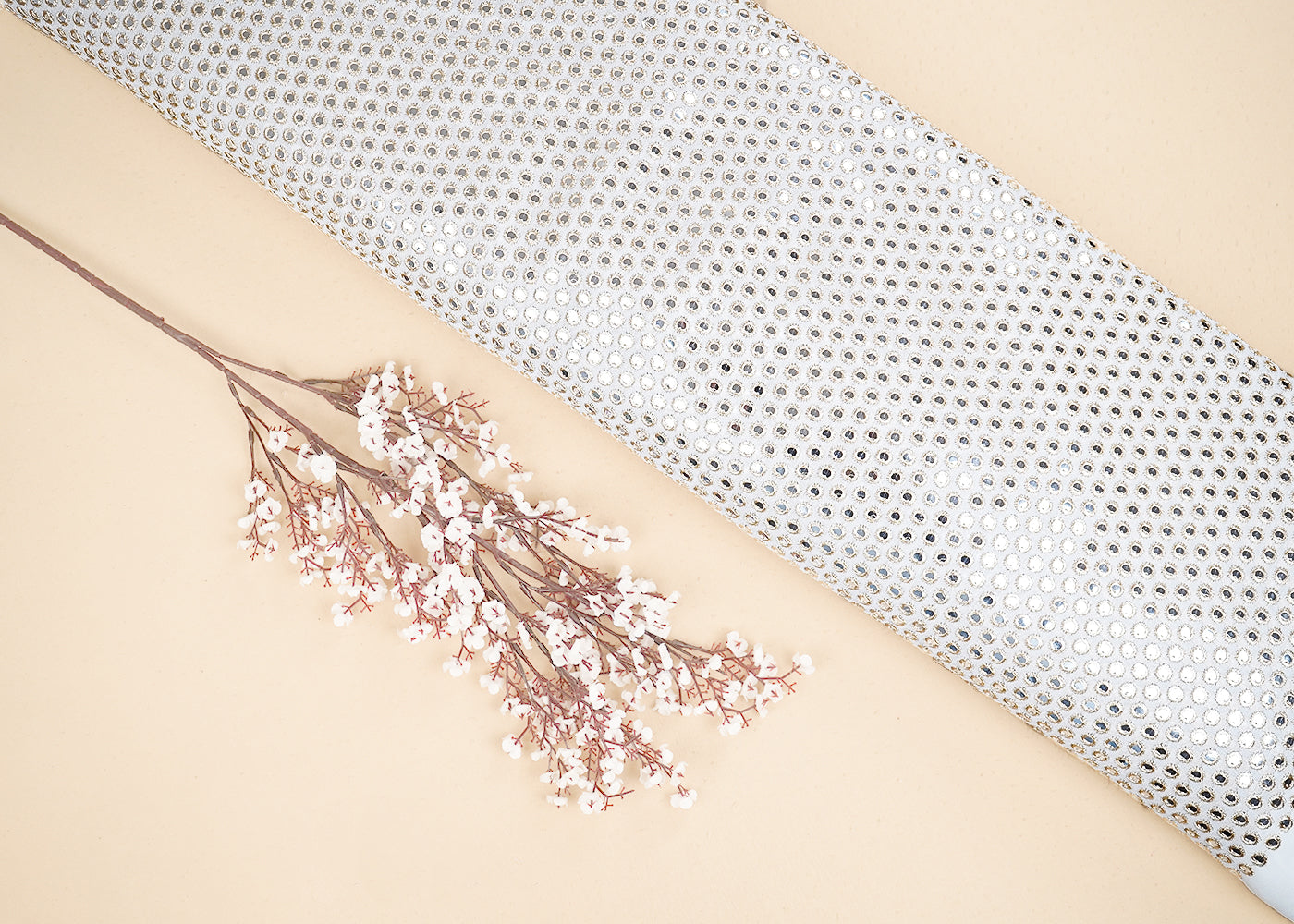 White Georgette Fabric With All Over Faux Mirror And Zari Work  19983