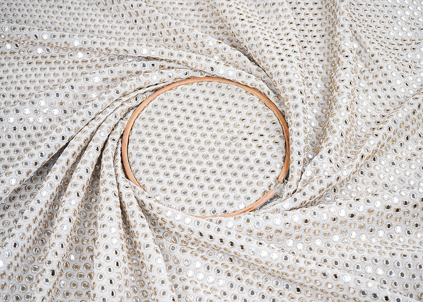 White Georgette Fabric With All Over Faux Mirror And Zari Work  19983