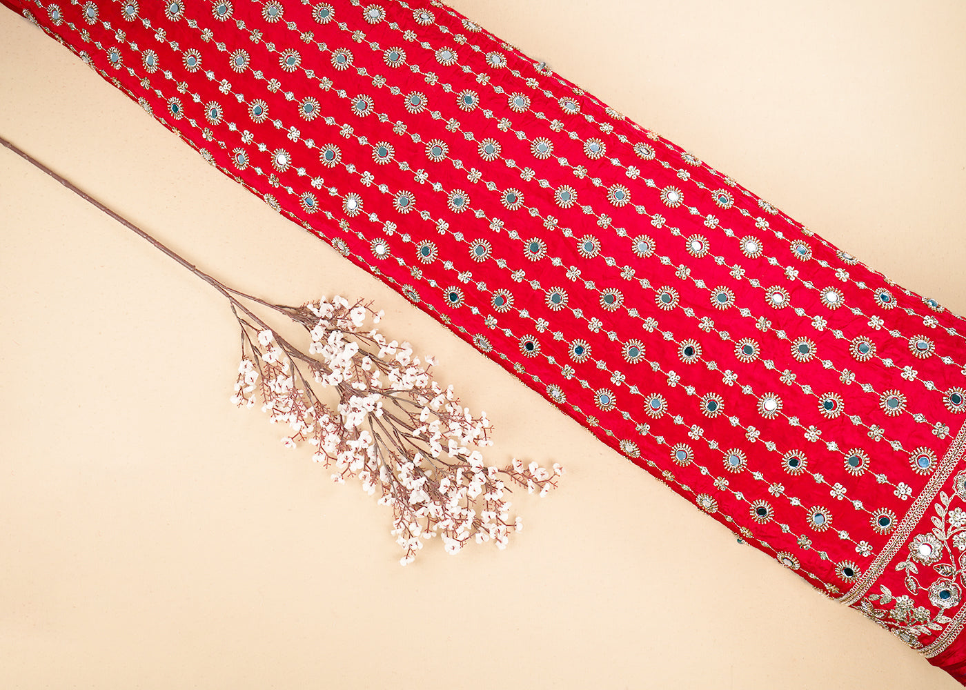 Red Crepe Fabric With All Over Sequins, Katdana, Zari, Mirror And Bead Work With One Side Border 19990