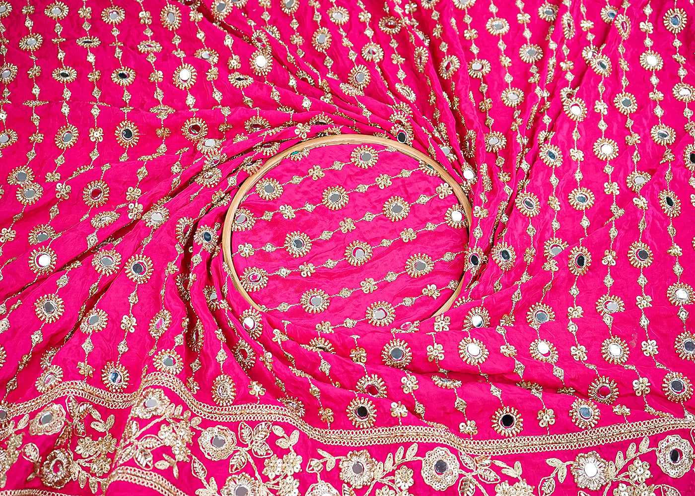 Rani Pink Crepe Fabric With All Over Sequins, Katdana, Zari, Mirror And Bead Work With One Side Border 19993