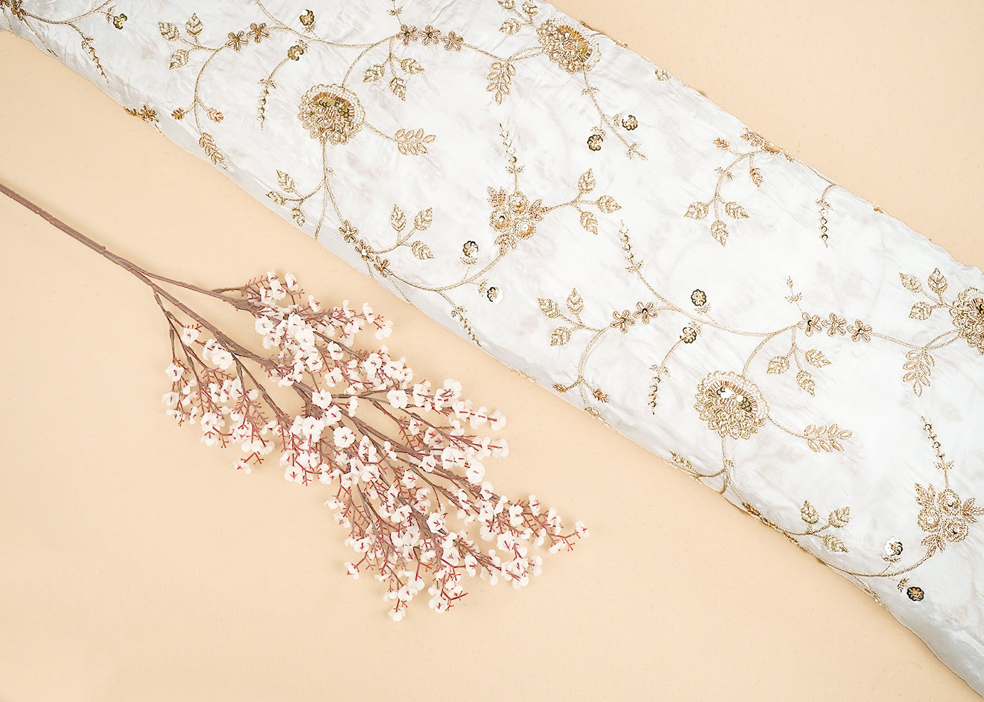 White Crepe Fabric With All Over Zari, Sequins, Katdana And Bead Work 19996