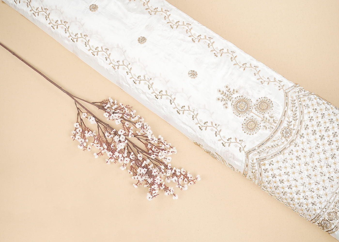 White Crepe Fabric With All Over Zari, Sequins, Katdana And Bead Work With One Side Border 19997