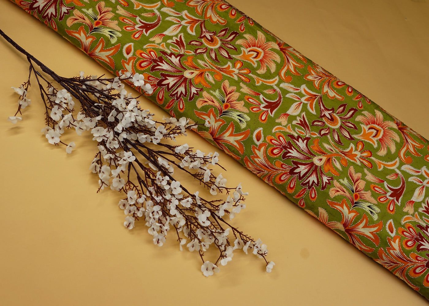 Golden Zari Floral Embroidered Soft Green Crepe Fabric - Paras Gallery Fabrics