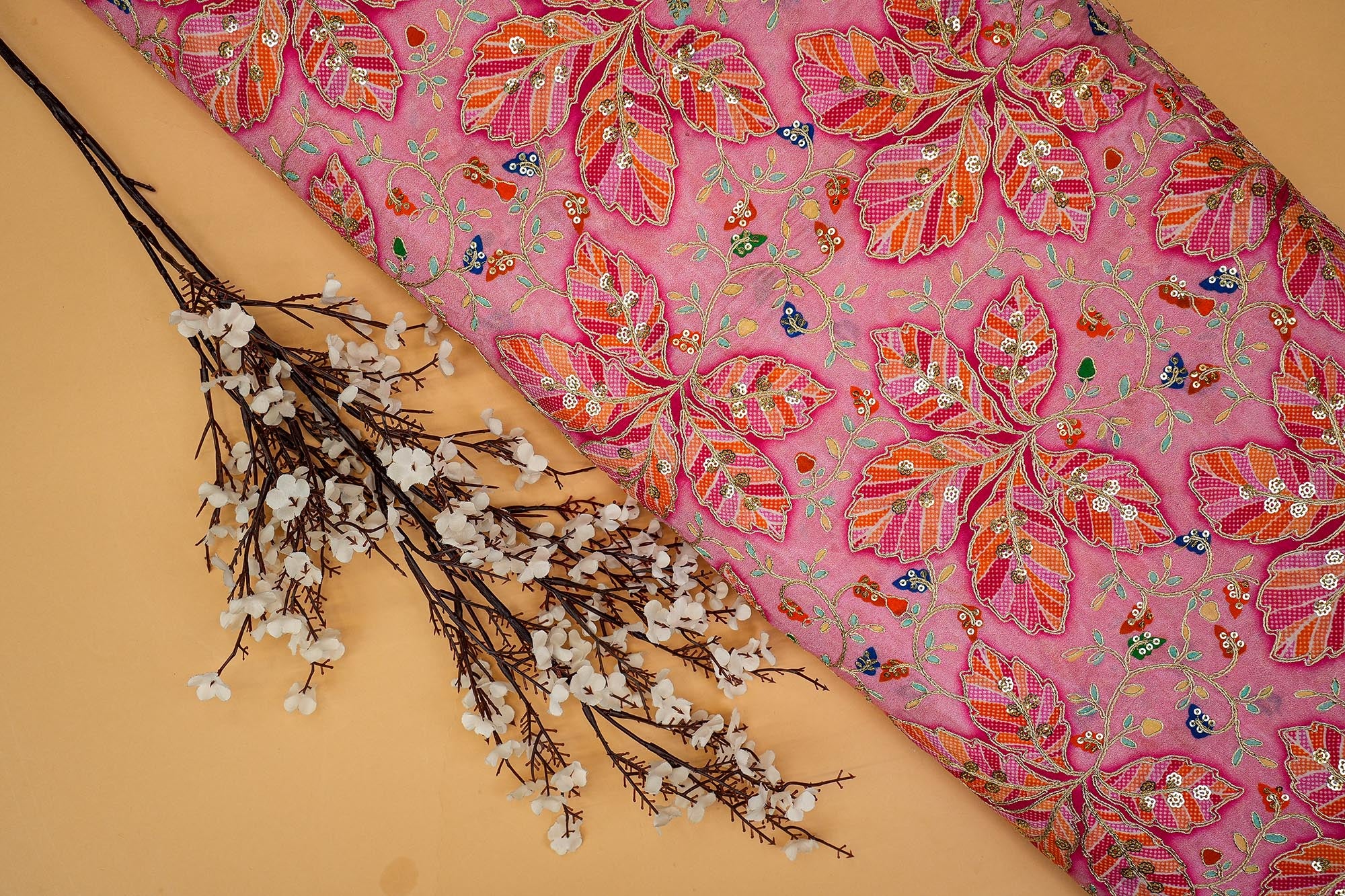 Pink Floral Embroidered Crepe with Sequins and Zari Embroidery