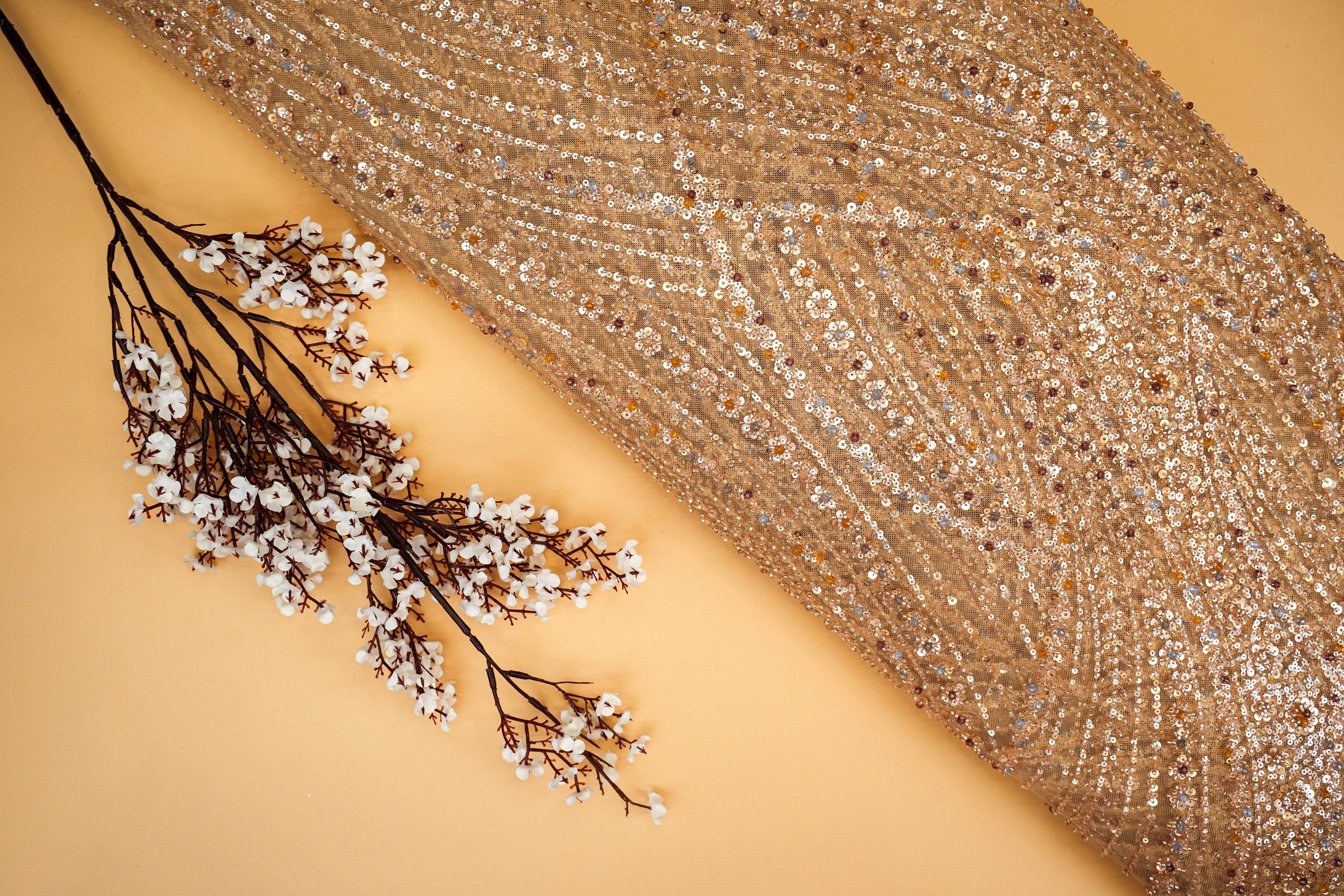 Golden Peach Handwork Net with Gold Sequins, Pearls, and Cut-Dana