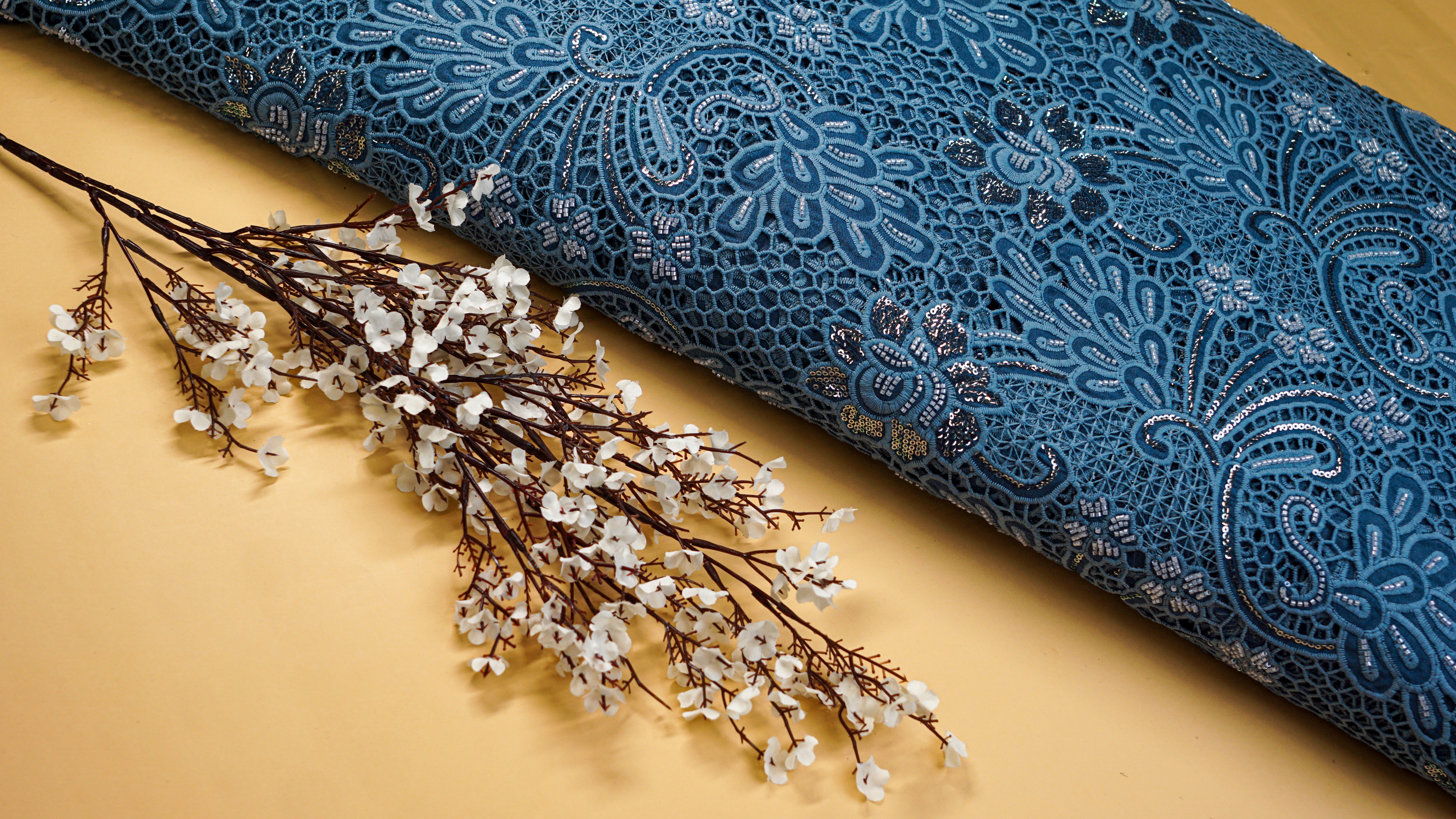 Greyish Blue Embroidered Crepe with Handwork , Threadwork, Sequins, and Scallop Border