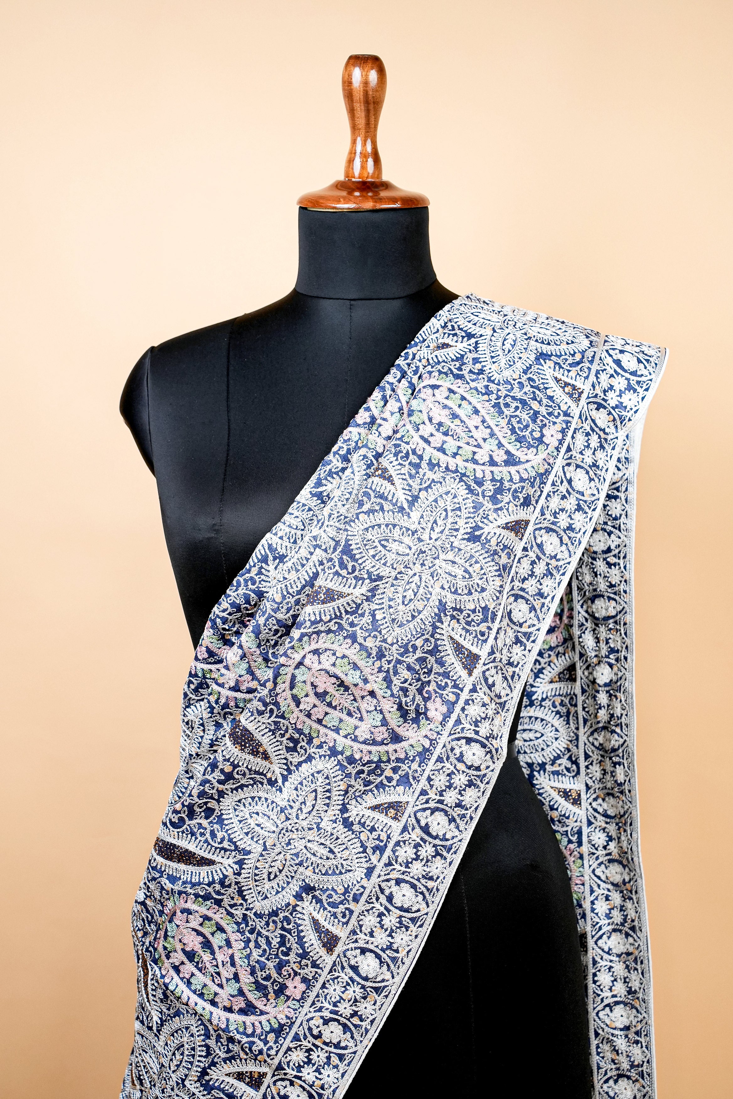 Kashida Elegance Velvet Dupatta with All-Over White Thread Embroidery and Swarovski Work