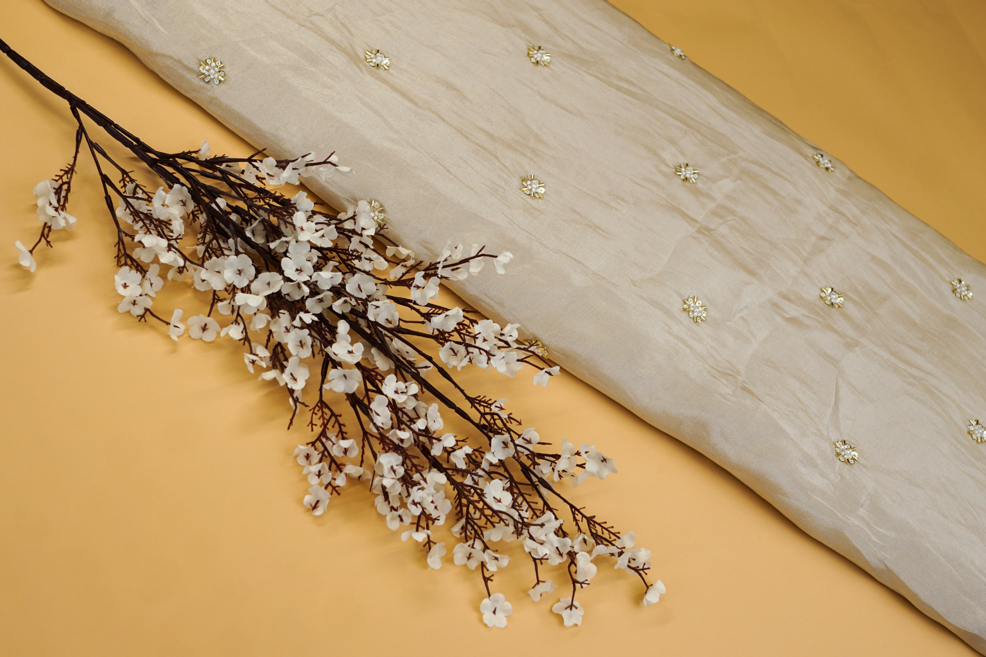 Beige Tissue Fabric with Big Butti Of Rose Gold Sequins, Katdana, White Beads