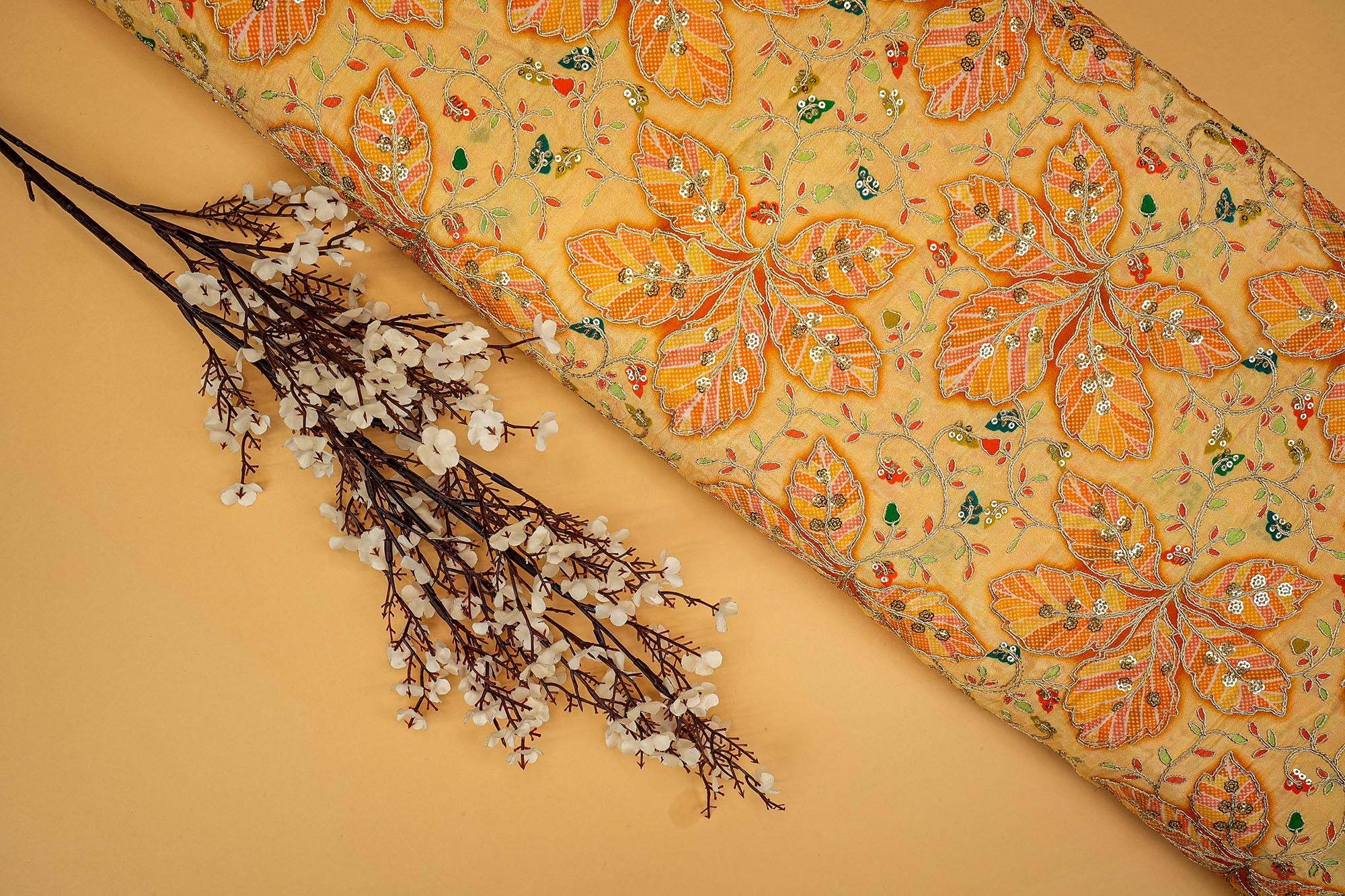 Yellow Floral Embroidered Crepe with Sequins and Zari Embroidery