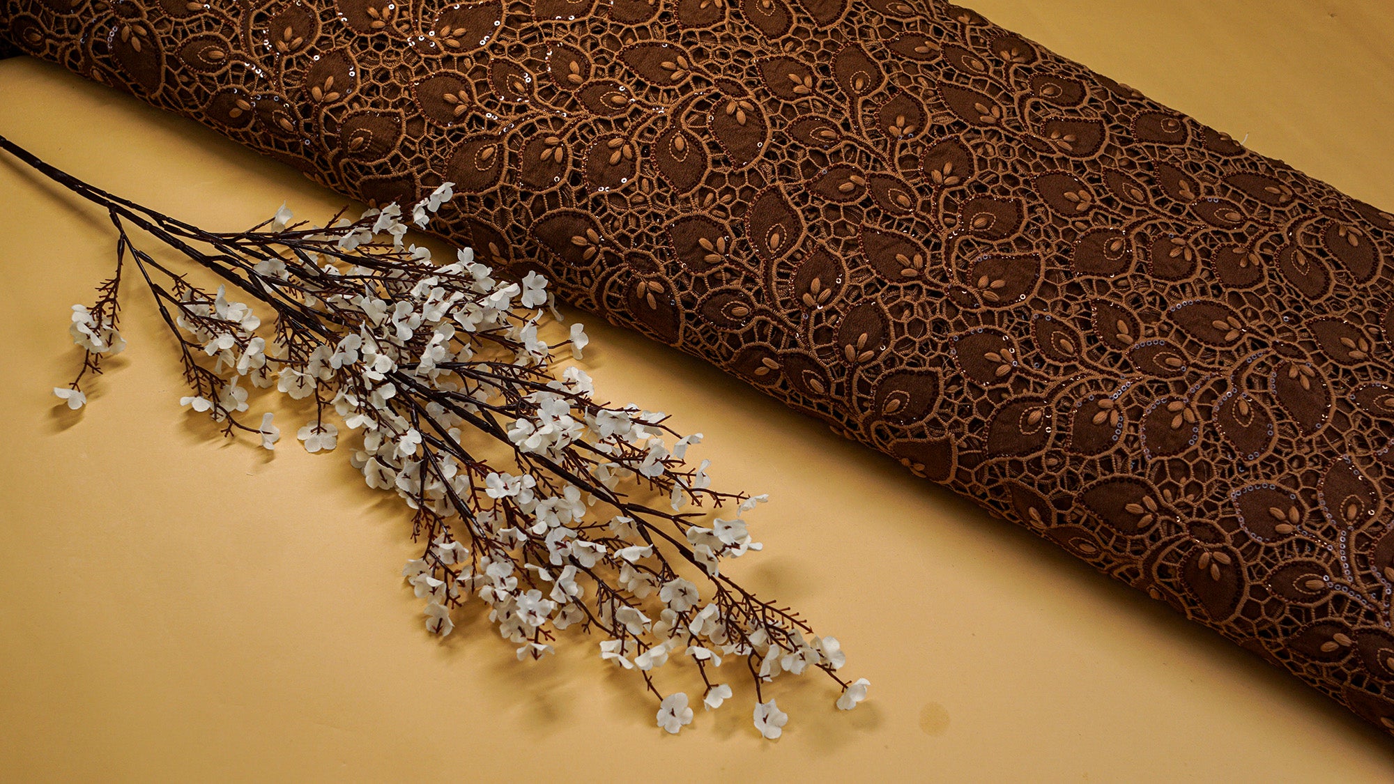 Coffee Brown Embroidered Crepe with Cutwork, Threadwork, Sequins, and Scallop Border