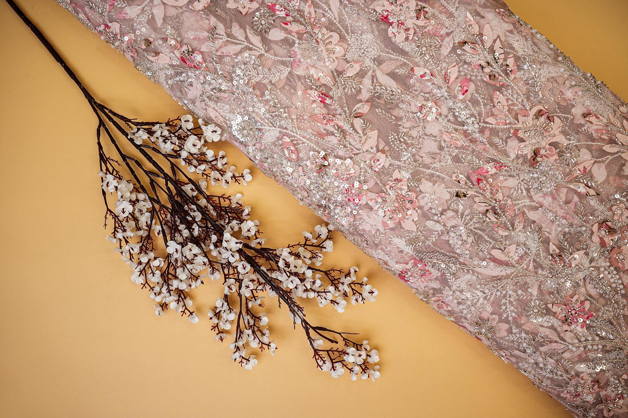 Pink Floral Net with Handwork, Cutwork, Sequins, and Pearls