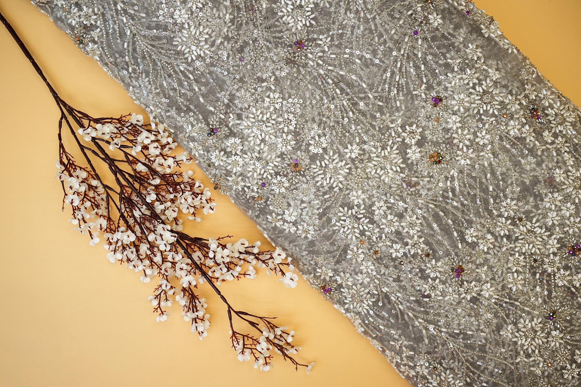 Grey Floral Handwork Net with Rainbow Sequins, Pearls, and Scallop Border